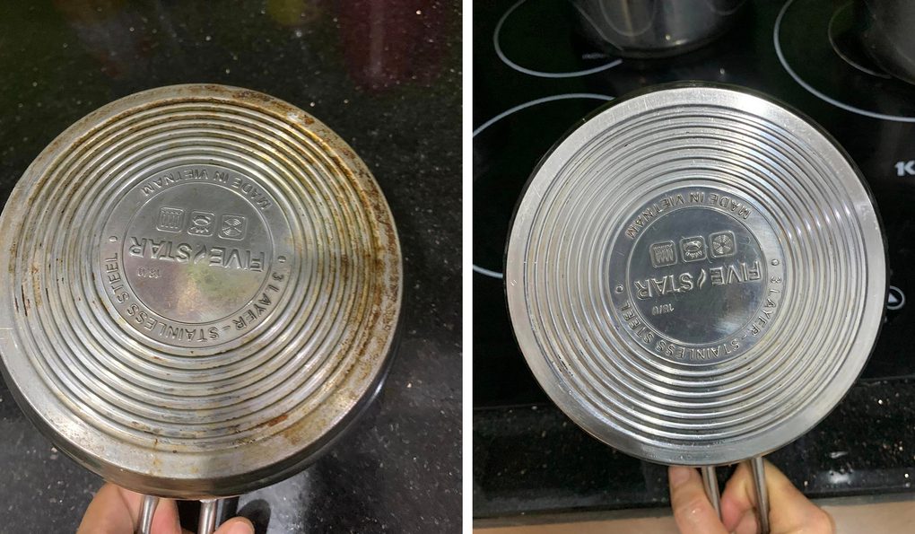 Cách rửa đáy nồi chảo inox sạch bong không tốn sức Cách rửa đáy nồi chảo inox bằng viên rửa bát